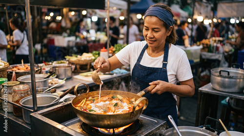 Thai street food vendor pouring coconut milk into Tom Yum Goong soup at night market
