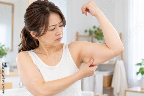 二の腕のたるみをつまんで確認する中年女性