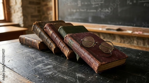 Vintage books and glasses on classroom desk.