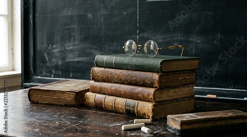 Vintage books and glasses on table.