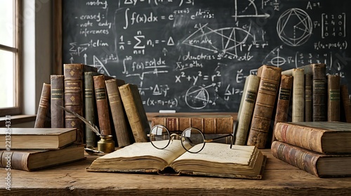 Vintage books on wooden desk with chalkboard math background