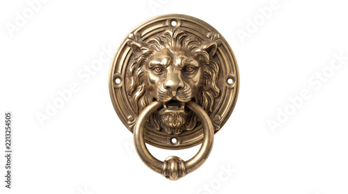 Vintage brass lion head door knocker isolated on white, antique bronze lion door handle element, classic architectural door hardware ornament