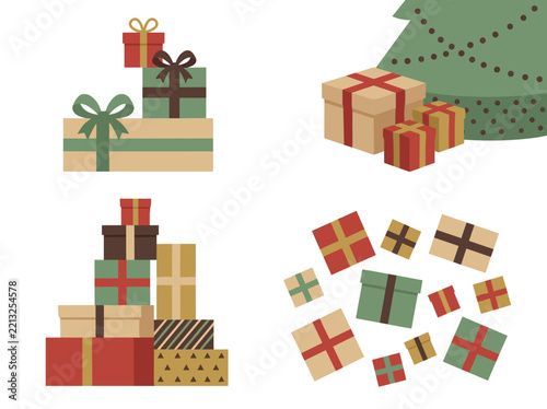 Festive gift boxes vector graphic illustration featuring stacked presents with colorful ribbons for winter holidays celebrations