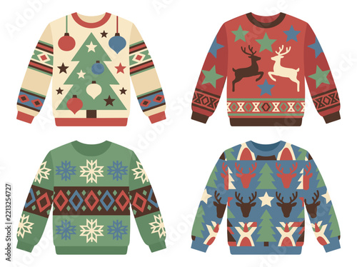 Festive christmas sweaters vector graphic set featuring traditional winter holiday patterns with reindeer trees and snowflakes