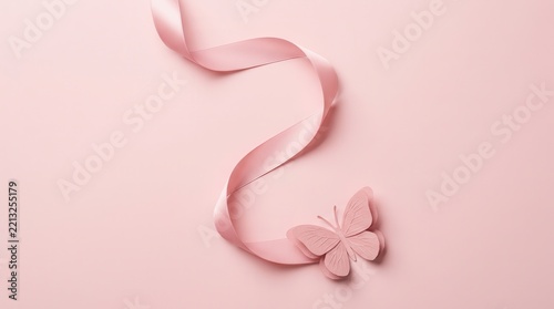 Pink ribbon and paper butterfly on a soft pink background for Breast Cancer Awareness Month.