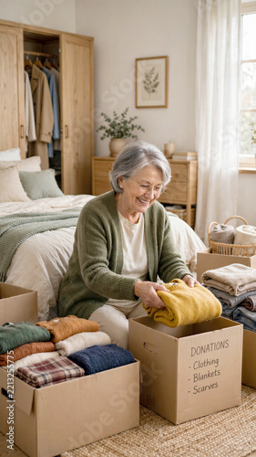 Senior woman organizing seasonal clothes into cardboard donation box in clean organized bedroom space