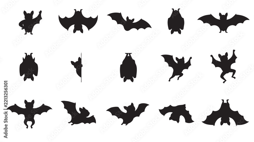 Fototapeta premium Collection of bat silhouettes displays various wing positions against a white background bats