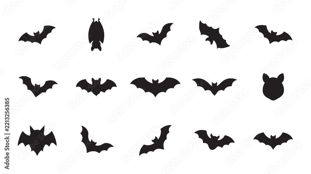 Fototapeta premium Collection of black bat silhouettes in various flying poses against a white background