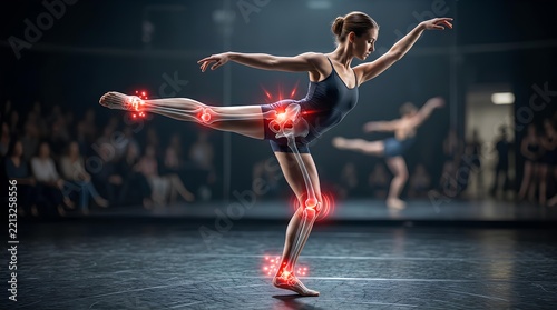 Ballerina dancing with highlighted joint pain points.