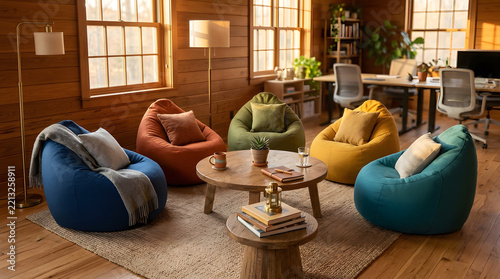 Stylish office seating area with bean bags and sunlight.
