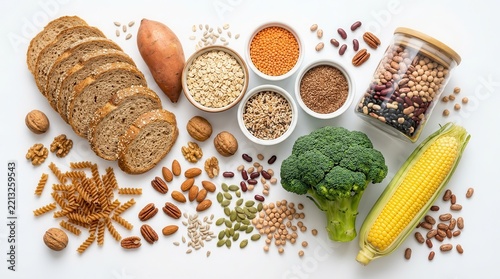 Healthy high fiber foods including whole grains, legumes, vegetables, and seeds on white background.