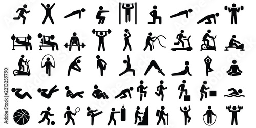 Fitness Sports Exercise Icon Collection Featuring Workout, Gym, Yoga, Running, Swimming, Cycling, Basketball And Athletic Training Symbols