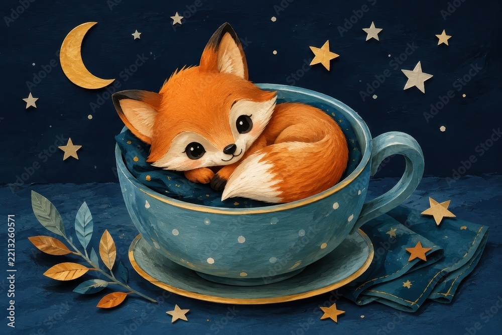 Fototapeta premium Adorable fox curled inside teacup beneath moonlit stars