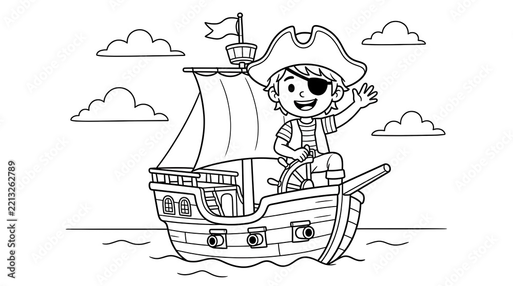 Fototapeta premium Cheerful pirate boy waving from wooden sailing ship at sea coloring page for kids design.
