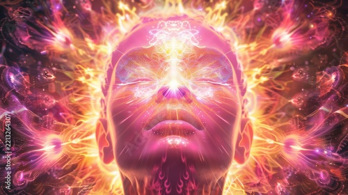 A luminous human face radiates vibrant energy against a starry cosmic background. Glowing light patterns symbolize deep meditation and inner awareness.