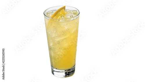 Tall glass filled with fresh yellow lemonade drink and straw isolated on transparent background