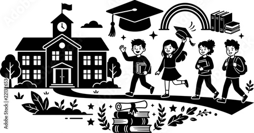 Graduation scene with school building students and books is a black silhouette illustration