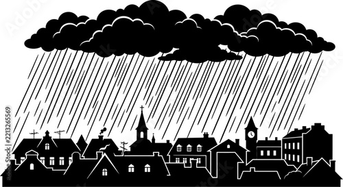 A black silhouette depicts a townscape during a heavy rainfall with dark clouds overhead