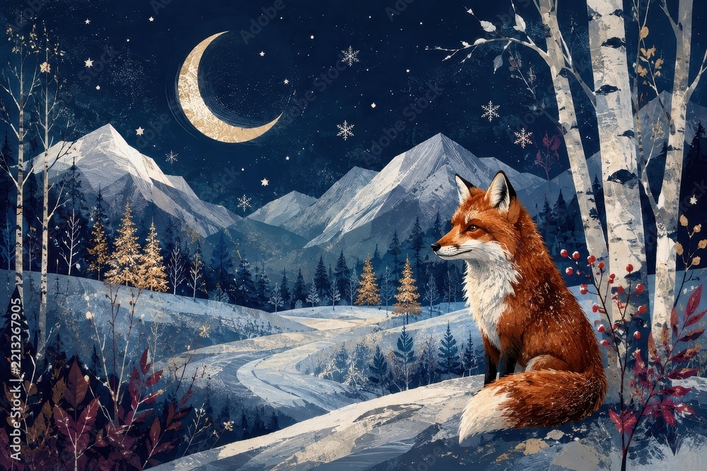 Fototapeta premium Fox beneath crescent moon, snowy mountains, birch forest