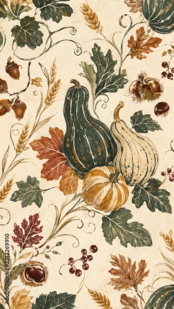Fototapeta premium Vintage autumn harvest wallpaper with pumpkins, leaves, wheat, acorns