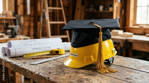 A yellow construction helmet with a graduation cap and tassel sits on a wooden table next to blueprints and a tape measure in a workshop.