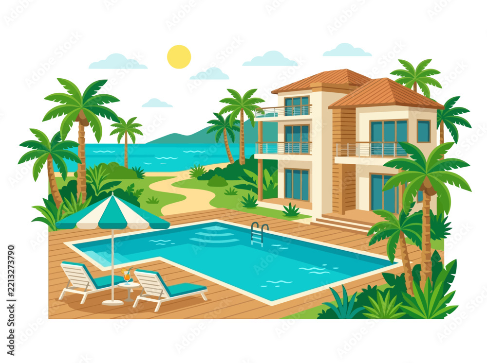 Fototapeta premium Beachfront villa with swimming pool and palm trees by the sea