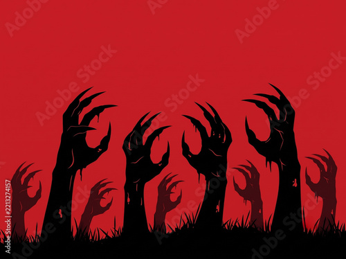 spooky halloween shadow overlay of black zombie hands rising from dark grass against dramatic red background for horror event advertising ad