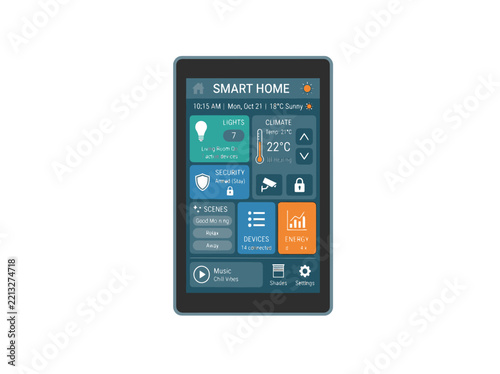 Smart Home Control Tablet Interface with Modules and Widgets