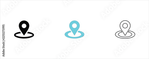 Set of location pin map navigation symbols in black cyan and thin outline style design