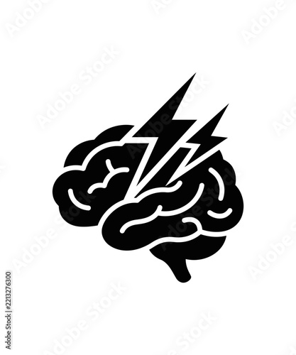 Black and white icon of a human brain with a lightning bolt representing headache or mental stress