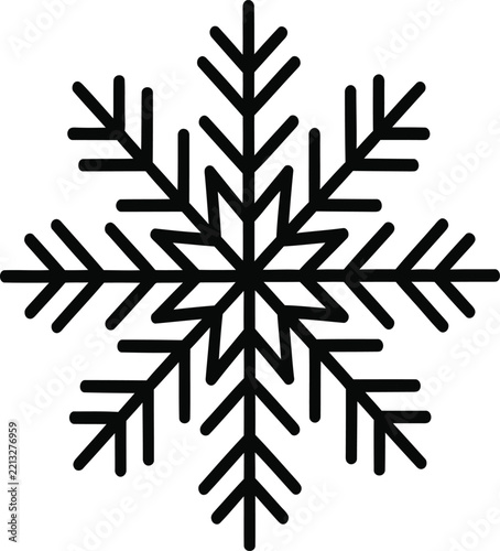 Complex six-pointed symmetrical snowflake icon in black and white with snowflake