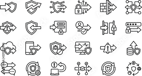 Set of 24 cybersecurity and network protection line icons featuring shields, locks, arrows, and digital security symbols for web and mobile interface design