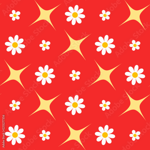 Seamless pattern with white daisies and yellow stars on red background