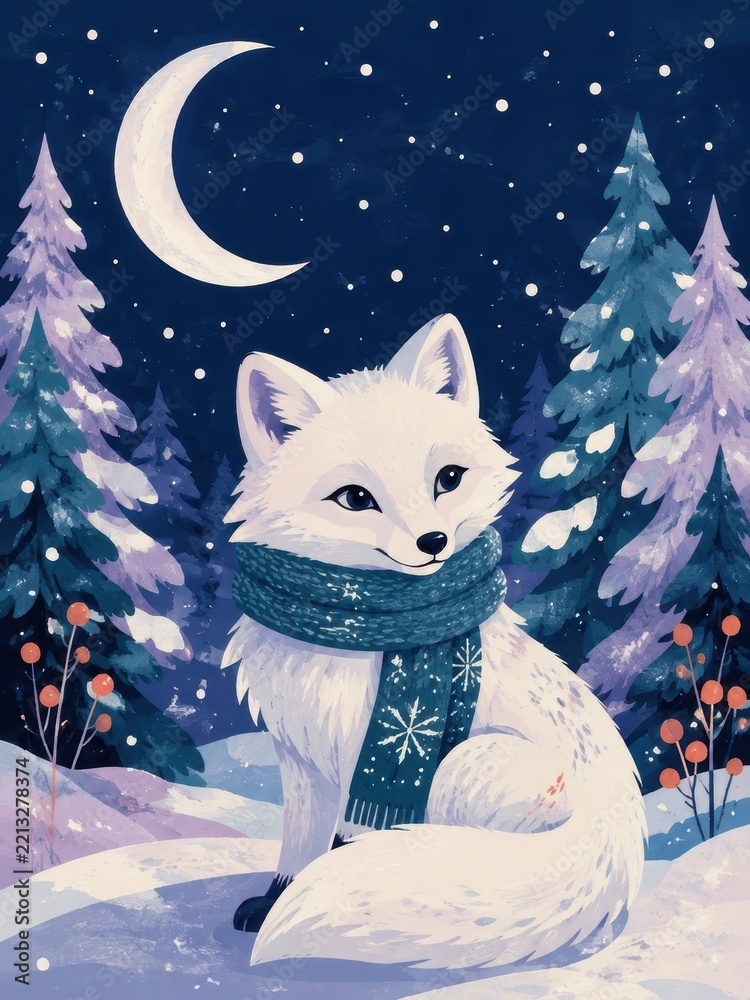 Fototapeta premium Watercolor winter fox wearing scarf beneath crescent moon