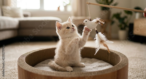 White kitten playing with feather toy in modern living room cat bed