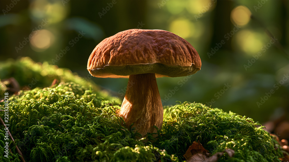 Fototapeta premium Wild Porcini Mushroom Resting On A Bed Of Forest Moss