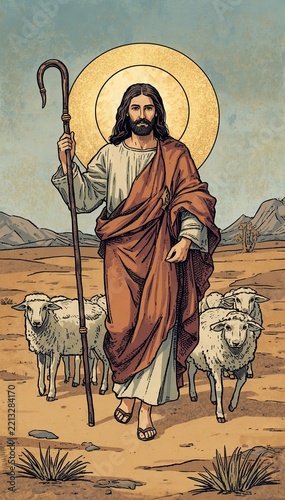 Jesus shepherd walking with sheep and cactus