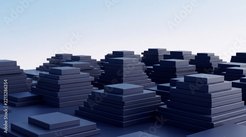 3D Render of Stacked Pallets and Containers Forming a Modern City with Cubic Buildings, Architecture, Business, Technology, Construction and Geometric Block Design