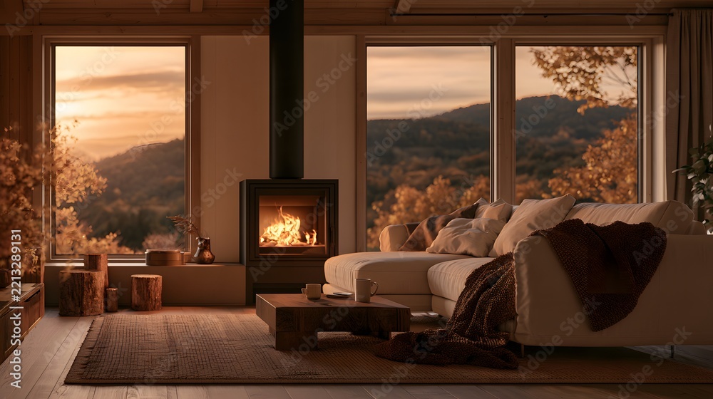 Naklejka premium Cozy autumn living room interior with fireplace, comfortable sofa, and scenic mountain view window