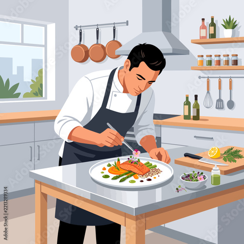 Professional Male Chef Plating Gourmet Salmon Dish in Modern Restaurant Kitchen Vector Illustration