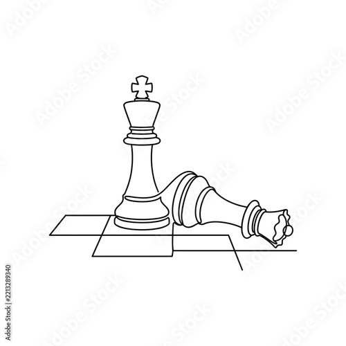 Continuous Line Art Drawing of Chess King Standing over Fallen Queen Piece Vector Illustration
