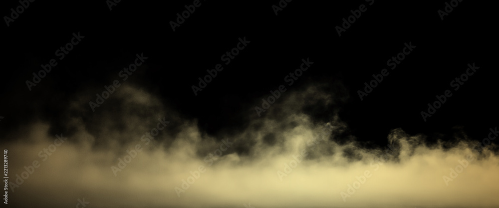 Fototapeta premium Low Lying Yellowish White Fog and Smoke Clouds Rising from Bottom Edge Against Dark Black Background with Copy Space.