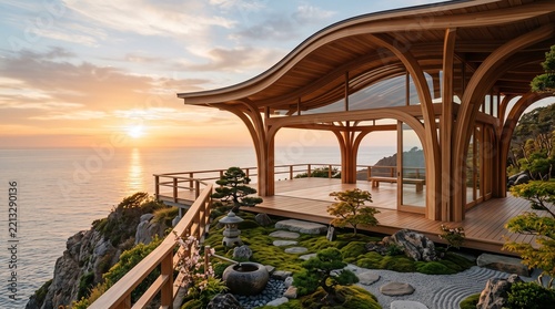Modern Wooden Pavilion with Elegant Fabric Accents and Outdoor Lounge 2