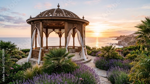 Modern Wooden Pavilion with Elegant Fabric Accents and Outdoor Lounge