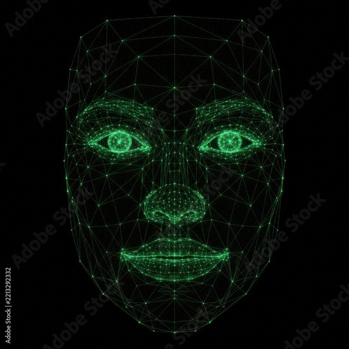 Digital human face wireframe made of glowing green lines and dots, artificial intelligence, facial recognition, biometric technology