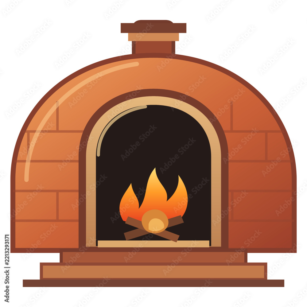 Fototapeta premium Traditional brick stone oven with burning fire inside for pizza baking.