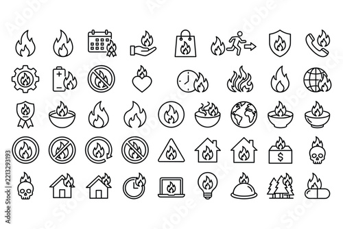 Set of black line icons depicting various fire and heat related concepts with warning sign ignition emergency combustion graphics temperature