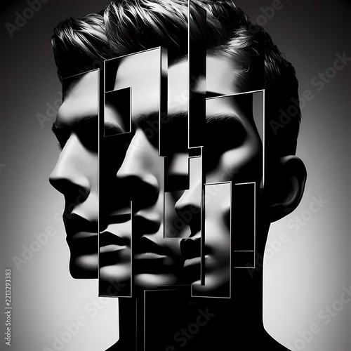A stark, high-contrast portrait of a face, fragmented by the use of mirrors, creating multiple reflections and a surreal, cubist-like effect, Ai generated image