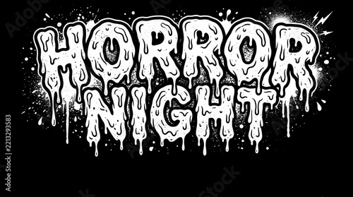 Horror Night Text Graphic with Dripping Slime Effect and Spray Paint Splatter on Black Background