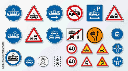 Comprehensive Collection of Tram and Public Transport Road Signs for Urban Planning